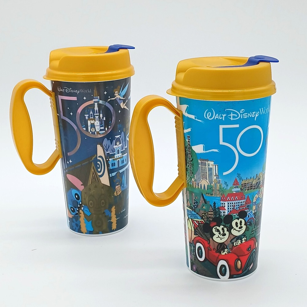 Walt Disney World 50th Anniversary & Epcot Kingdom Resort Mugs Cups Lid Set of 2